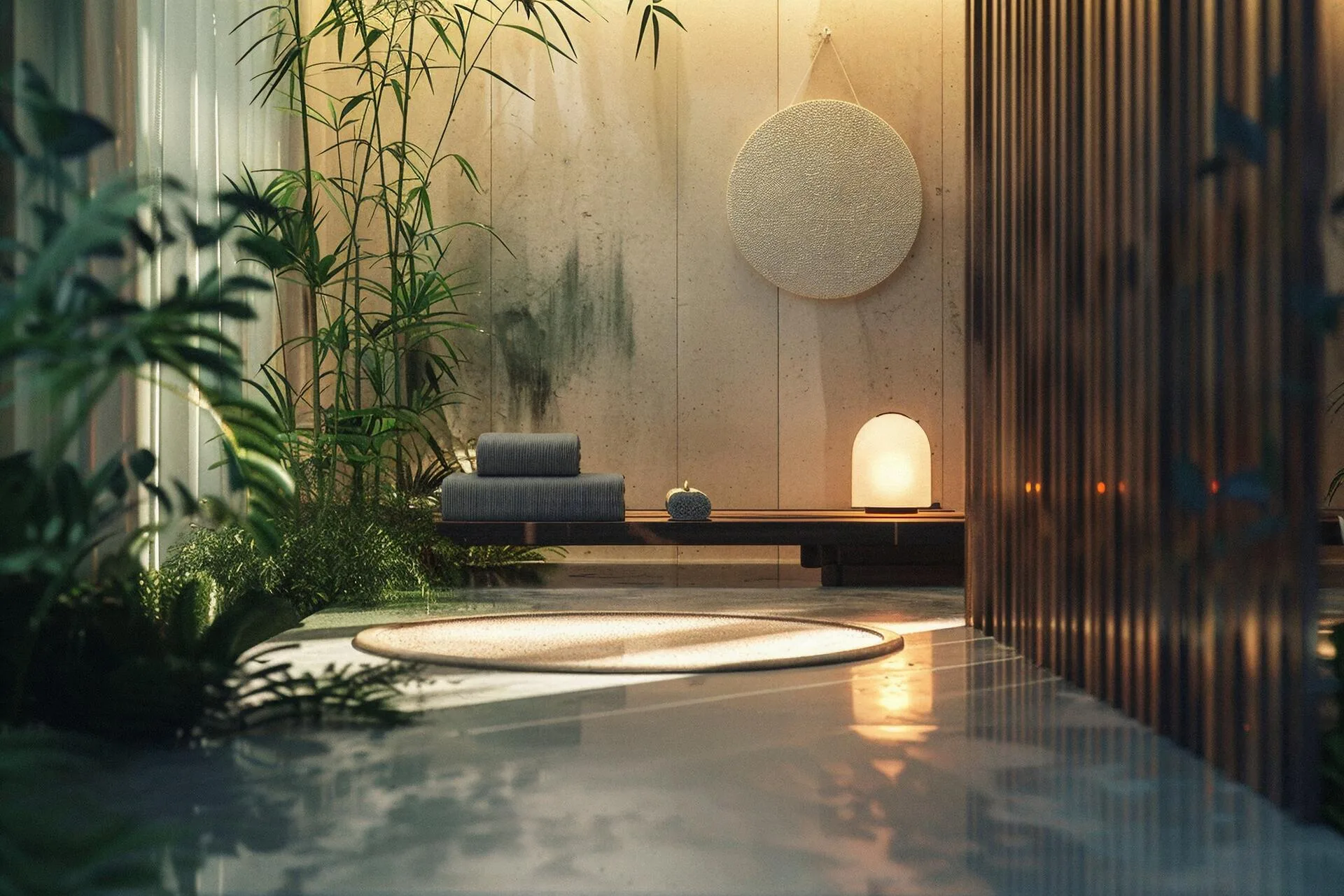 Бамбук, вода и тёплый свет в интерьере Zen Lagoons