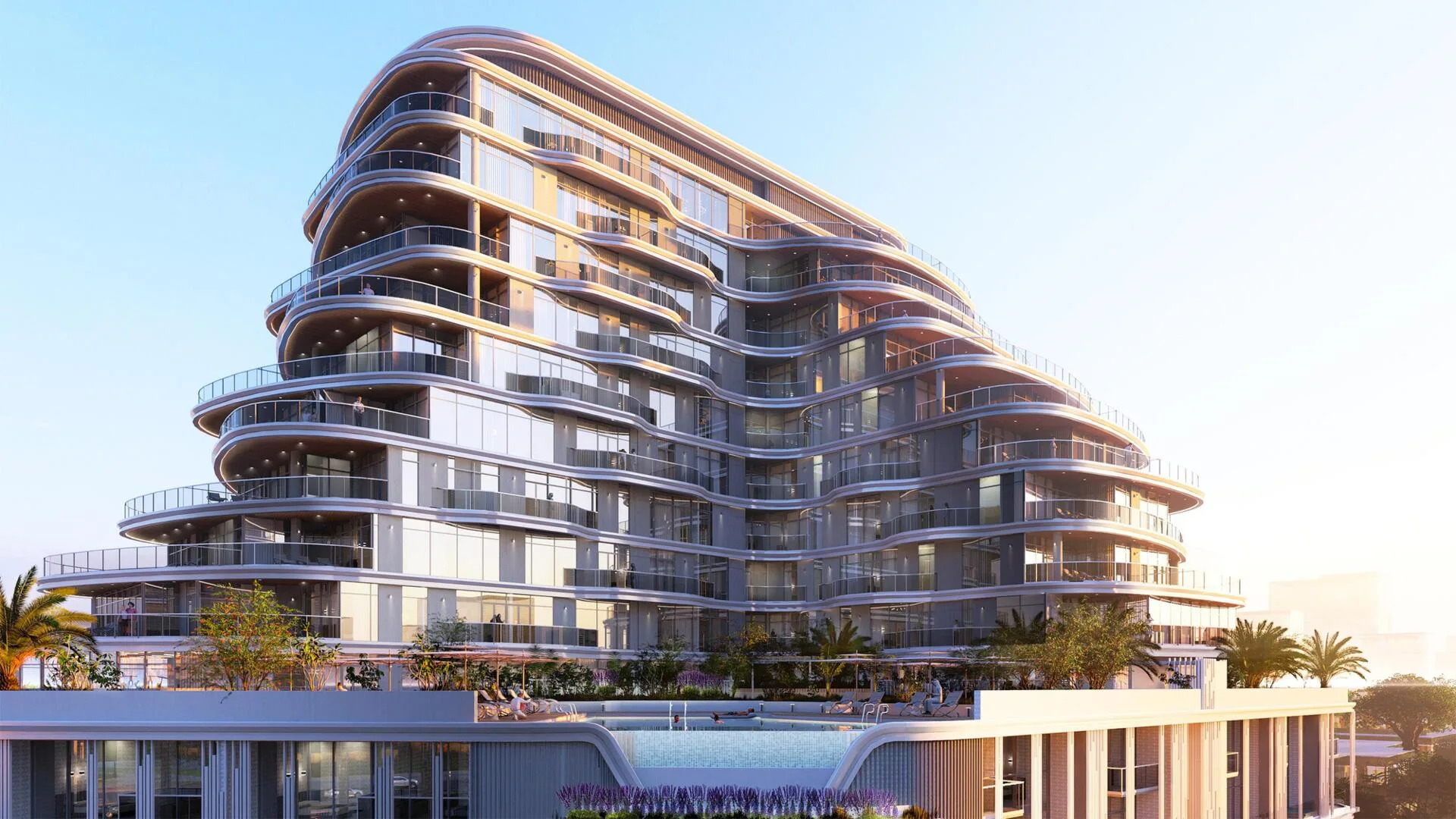 Волнистый фасад Zephyra Residences и бассейн