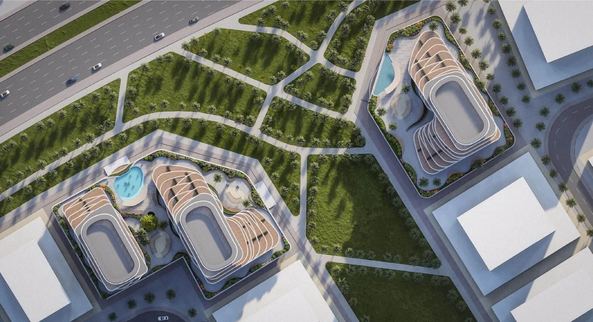 Zephyra Residences с высоты: здания и зелень вокруг
